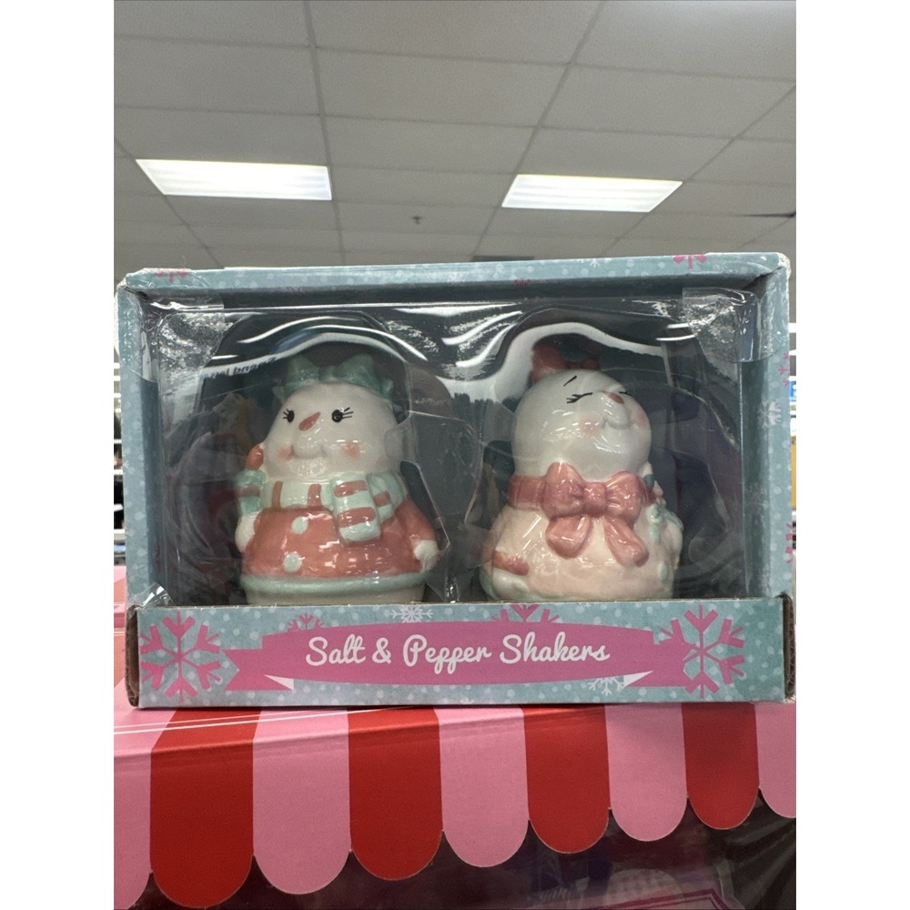 Shelly Comiskey‎ Transpac SNOWMAN Pastel Salt Pepper Shakers Little Village NIB